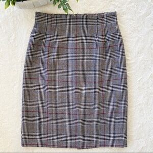 Vintage black red high waist houndstooth plaid wool pencil skirt 8